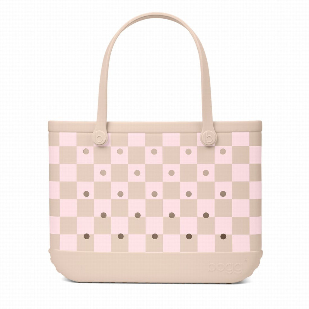 Original Bogg Bag Checkered Linen/ Pink Marshmallow Outdoor Adventure Pool Tote Easy Clean Washable with Cosmetic Organizer for Picnic Days Travel Organizer Vacation Essentials for Women