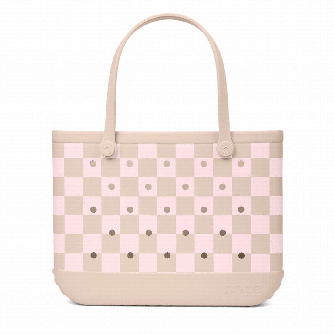 Original Bogg Bag Checkered Linen/ Pink Marshmallow Outdoor Adventure Pool Tote Easy Clean Washable with Cosmetic Organizer for Picnic Days Travel Organizer Vacation Essentials for Women