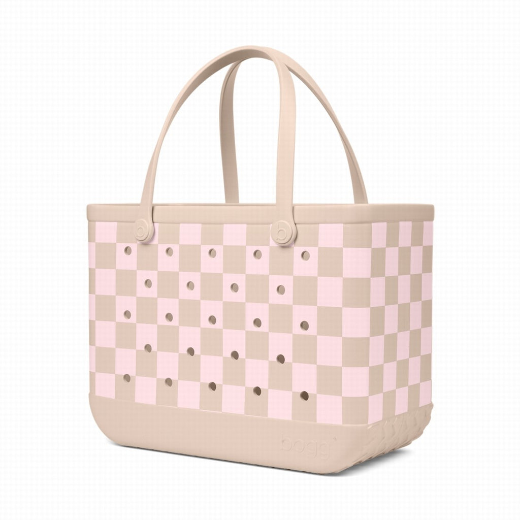 Original Bogg Bag Checkered Linen/ Pink Marshmallow Outdoor Adventure Pool Tote Easy Clean Washable with Cosmetic Organizer for Picnic Days Travel Organizer Vacation Essentials for Women