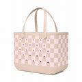 Original Bogg Bag Checkered Linen/ Pink Marshmallow Outdoor Adventure Pool Tote Easy Clean Washable with Cosmetic Organizer for Picnic Days Travel Organizer Vacation Essentials for Women